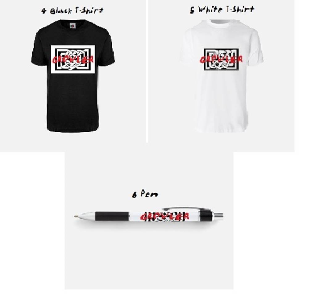 A group of t-shirts and a pen
Description automatically generated
